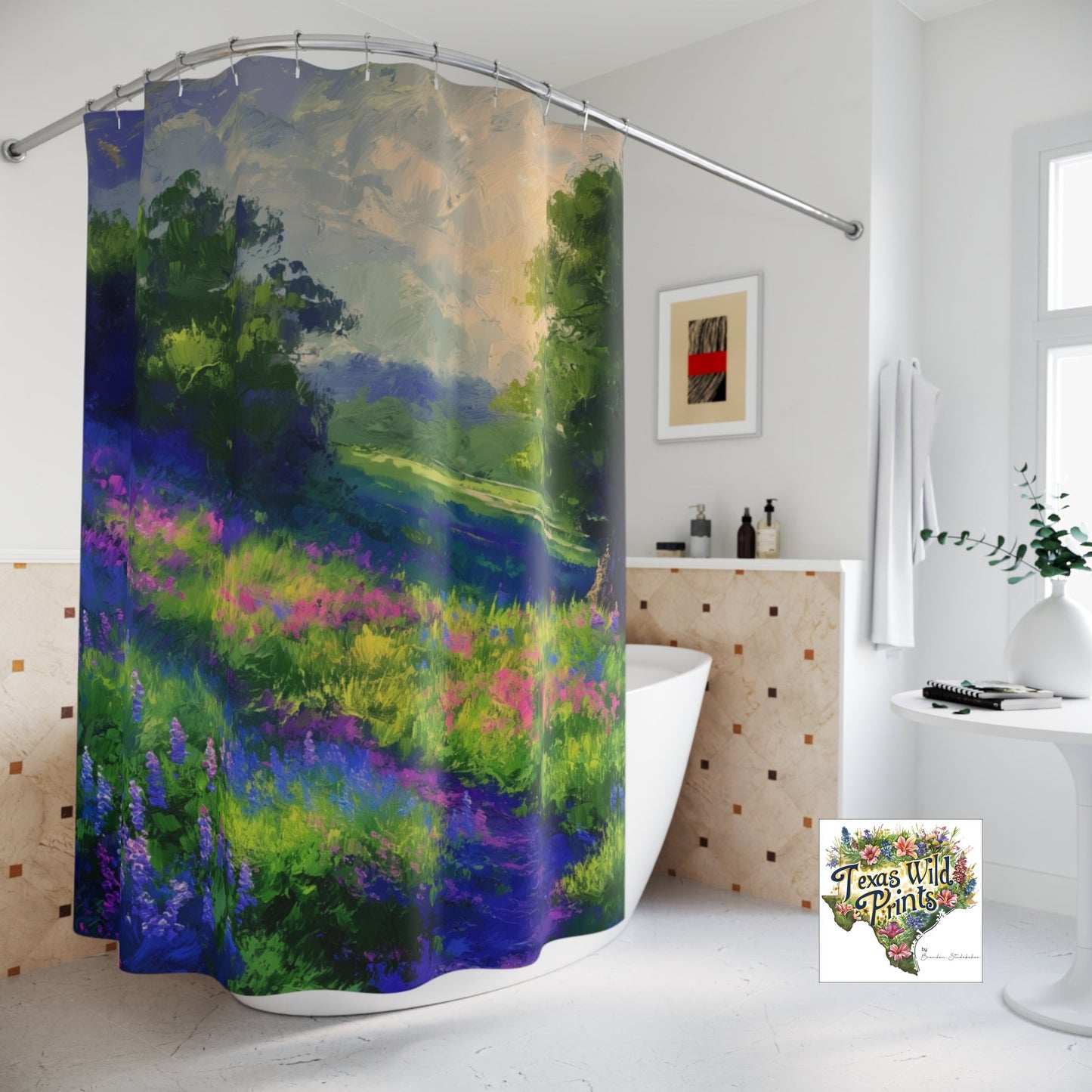 Evening Blues Bluebonnets Shower Curtain Floral Impressionist Art 71x74 Inch Modern Bath Decor Landscape Scene Luxury Gifts Texas Wildflowers
