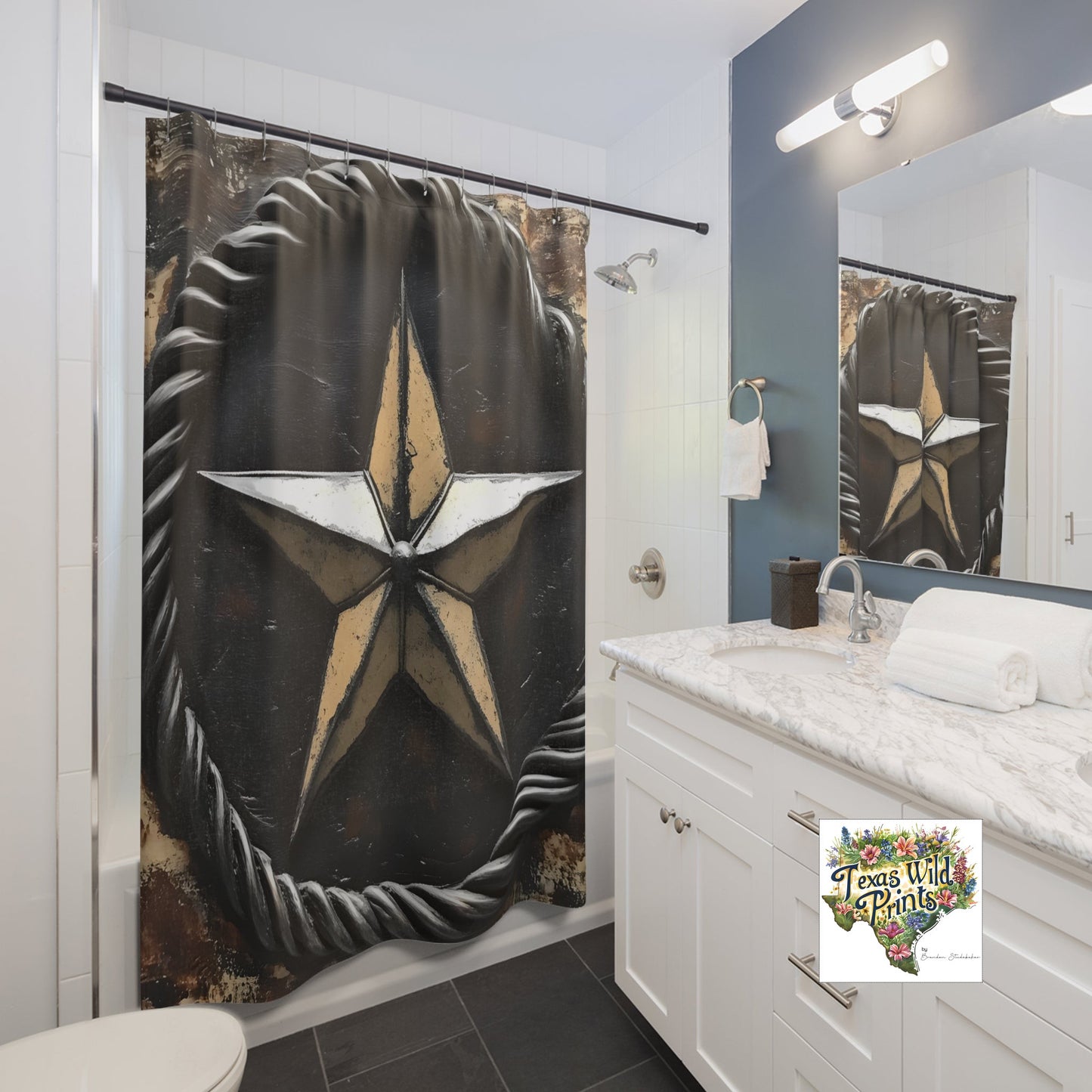 Metallic Pewter Lone Star Shower Curtain Texas History Decor 71x74 Vintage Rustic Southwestern Bathroom Accent Southern Country Pride