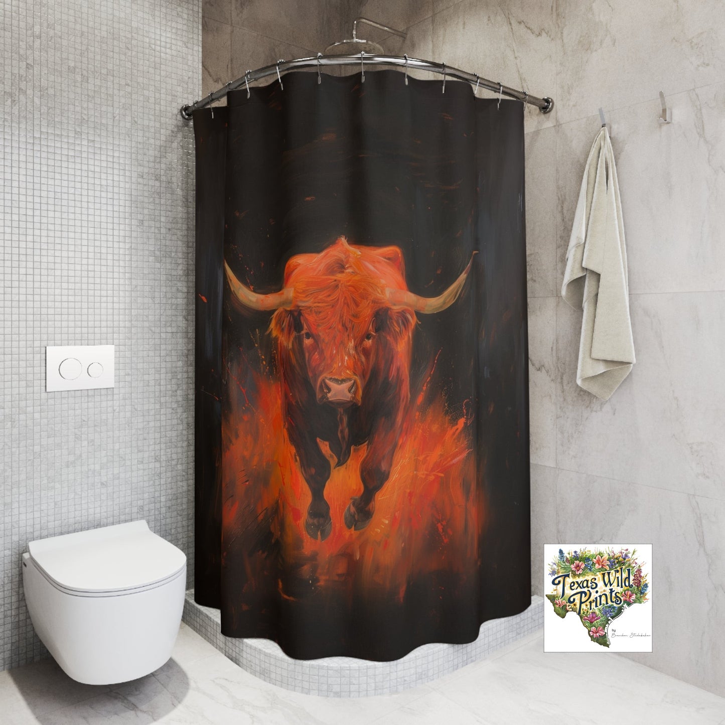 Red Hot Texas Longhorn Bull Shower Curtain 71x74 Western Home Decor Modern Rustic Ranch Interior Design Unique Gift for Cowboy Southwestern Flair
