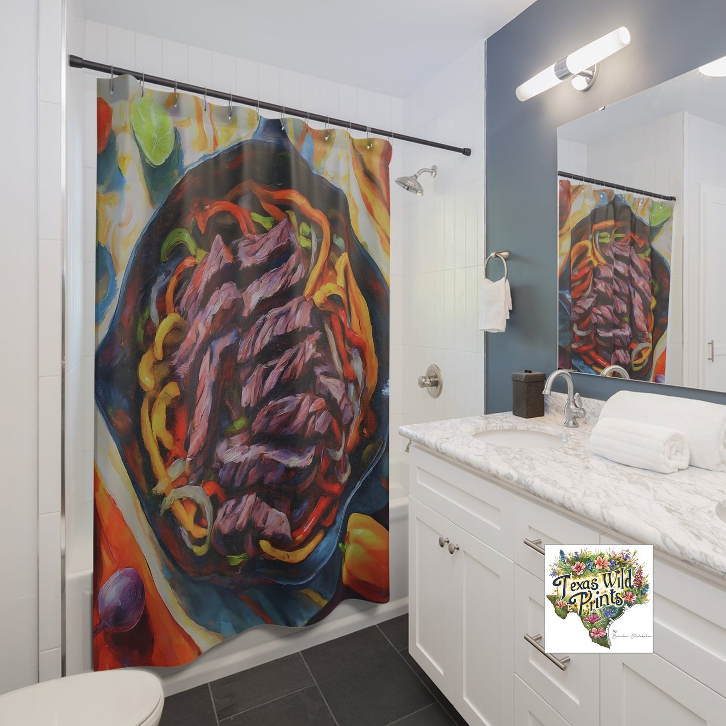 Skillet Fajitas Shower Curtain Tex Mex Food Art 71x74 Inch Southwestern Bath Decor Housewarming Gift Culinary Theme Multicultural Fiesta