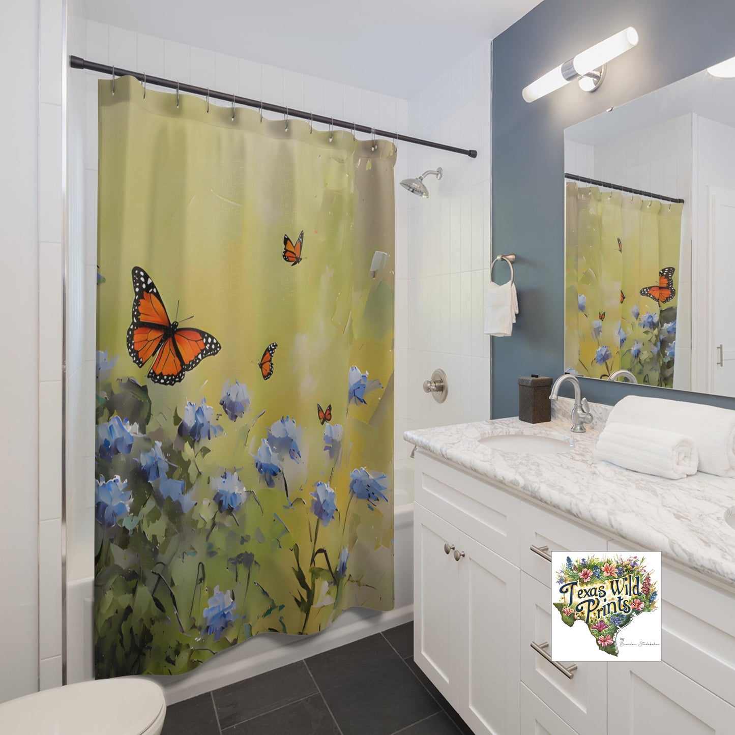 Monarch Butterfly Blue Mistflower Shower Curtain Floral Insect Decor 71x74 Inch French Country Farmhouse Whimsical Bathroom Art