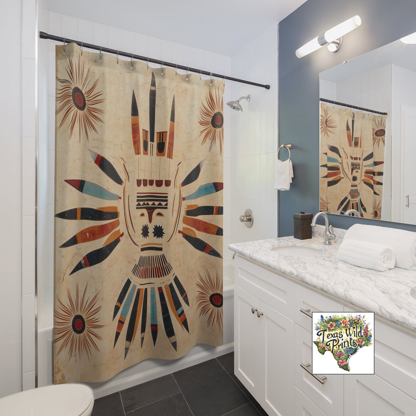 Southwestern Tribal Inspired Shower Curtain Ledger Paper Art 71x74 Inch Desert Home Decor Unique Artistic Gift Bathroom Decor