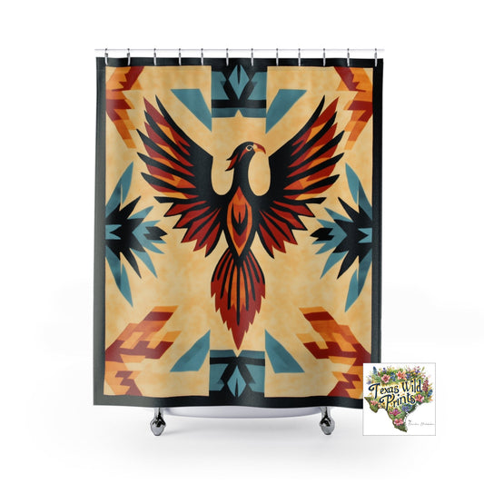 Rising Phoenix Shower Curtain Southwestern Tribal Inspired Print 71x74 Inch Boho Bathroom Decor Transformation Gift Spiritual Renewal