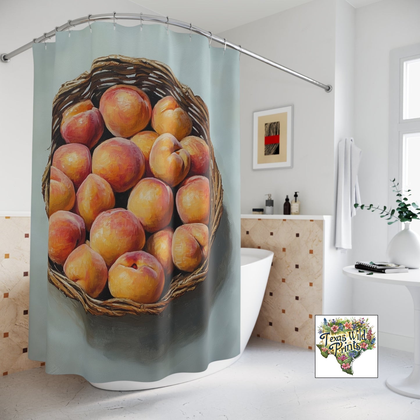 Farm Fresh Texas Peaches Interlaced Basket Print Shower Curtain Premium 71x74 Rustic Cottagecore Decor Welcoming Home Accent