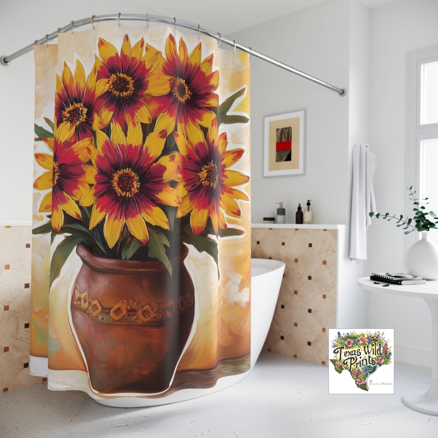 Unique Southwestern Wildflower Shower Curtain Red Yellow Indian Blanket Rustic Pot Farmhouse Bath Decor Rustic Home Gift 71x74 Inch Texas Wildflowers