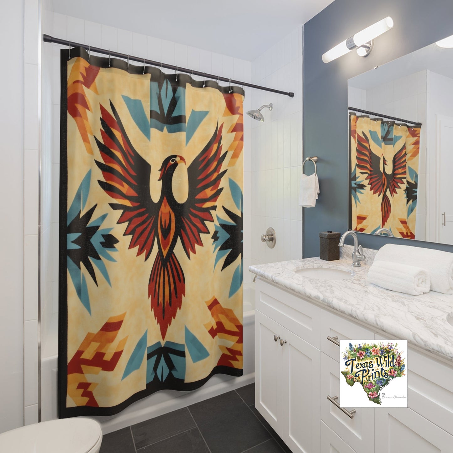 Rising Phoenix Shower Curtain Southwestern Tribal Inspired Print 71x74 Inch Boho Bathroom Decor Transformation Gift Spiritual Renewal