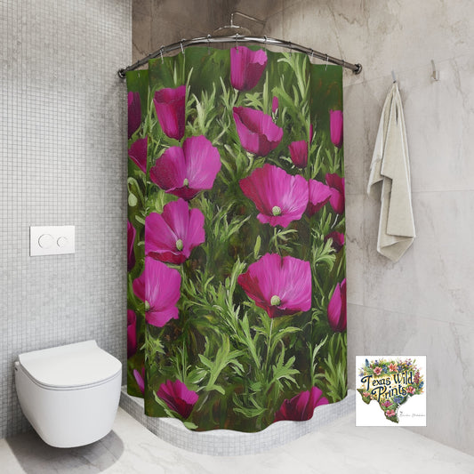 Vibrant Poppy Mallow Flower Shower Curtain Texas Wildflower Design 71x74 Inch Bold Floral Pattern Cottagecore Bathroom Decor Unique Mother's Day Gift