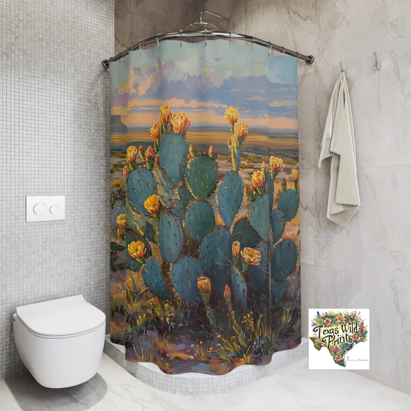 Prickly Pear Cactus Shower Curtain Yellow Floral Desert Art 71x74 Inch Arid Cactus Landscape Texas Flower Decor Southwestern Home Style