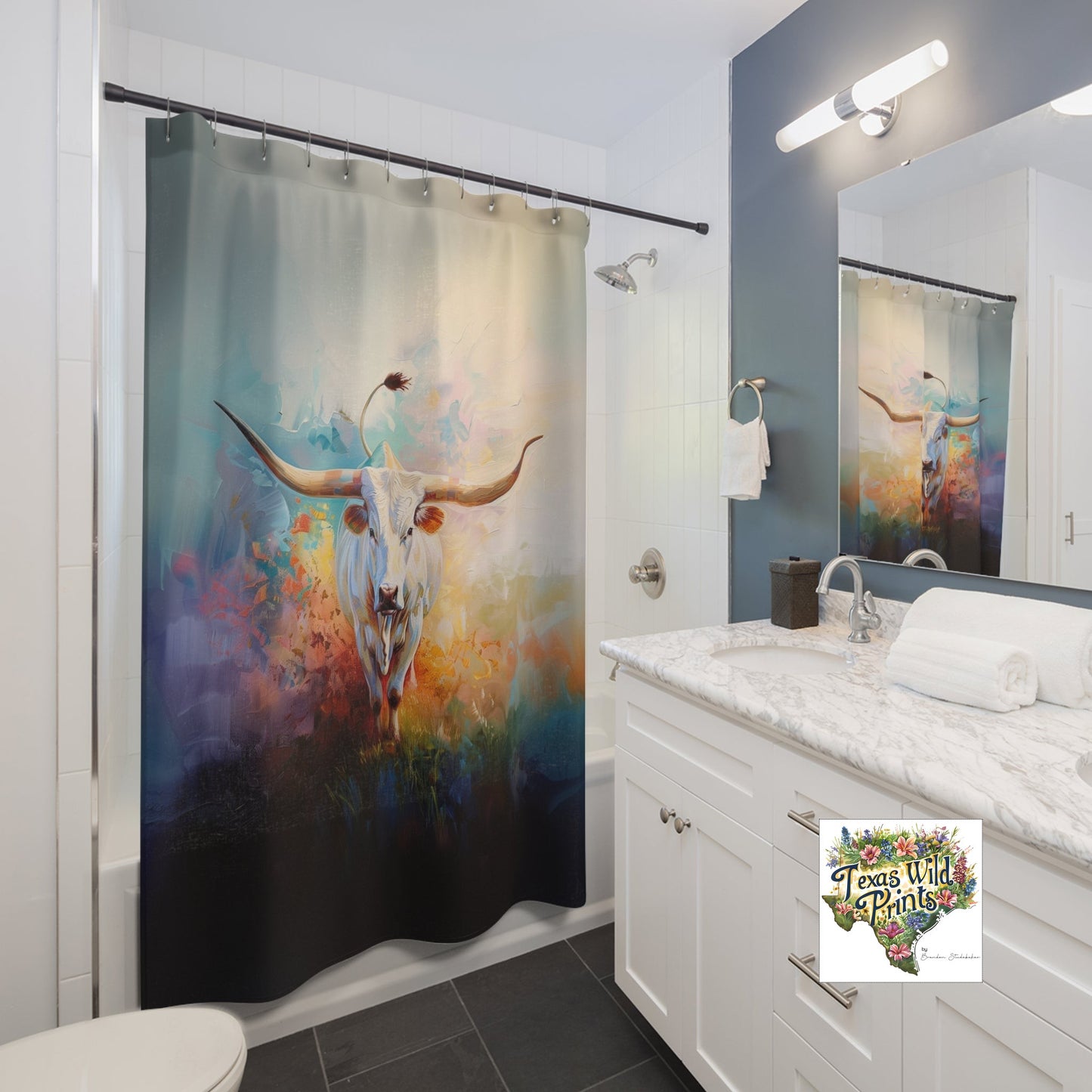 Farmhouse Animal Print Bathroom Shower Curtain Colorful Farmhouse Decor 71x74 Inch Texas Longhorn Lover Appreciation Present Rustic Home Style