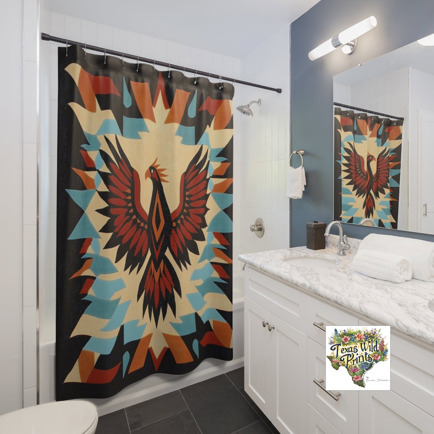 Phoenix Shower Curtain Southwestern Tribal Mythical Bird Design 71x74 Inch Desert Home Decor Hope Gift Inspirational Bathroom Art