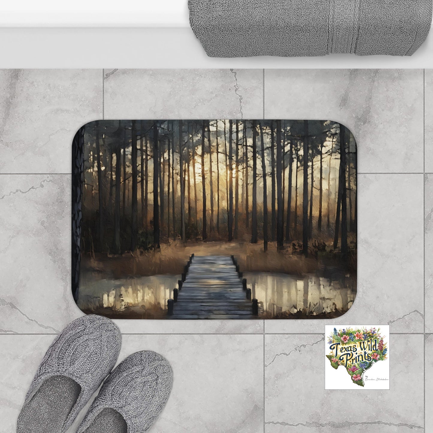 Calm Pond Pinewood Forest Landscape Scene Print Bath Mat Premium Rustic American Interior Design 24x17 34x21