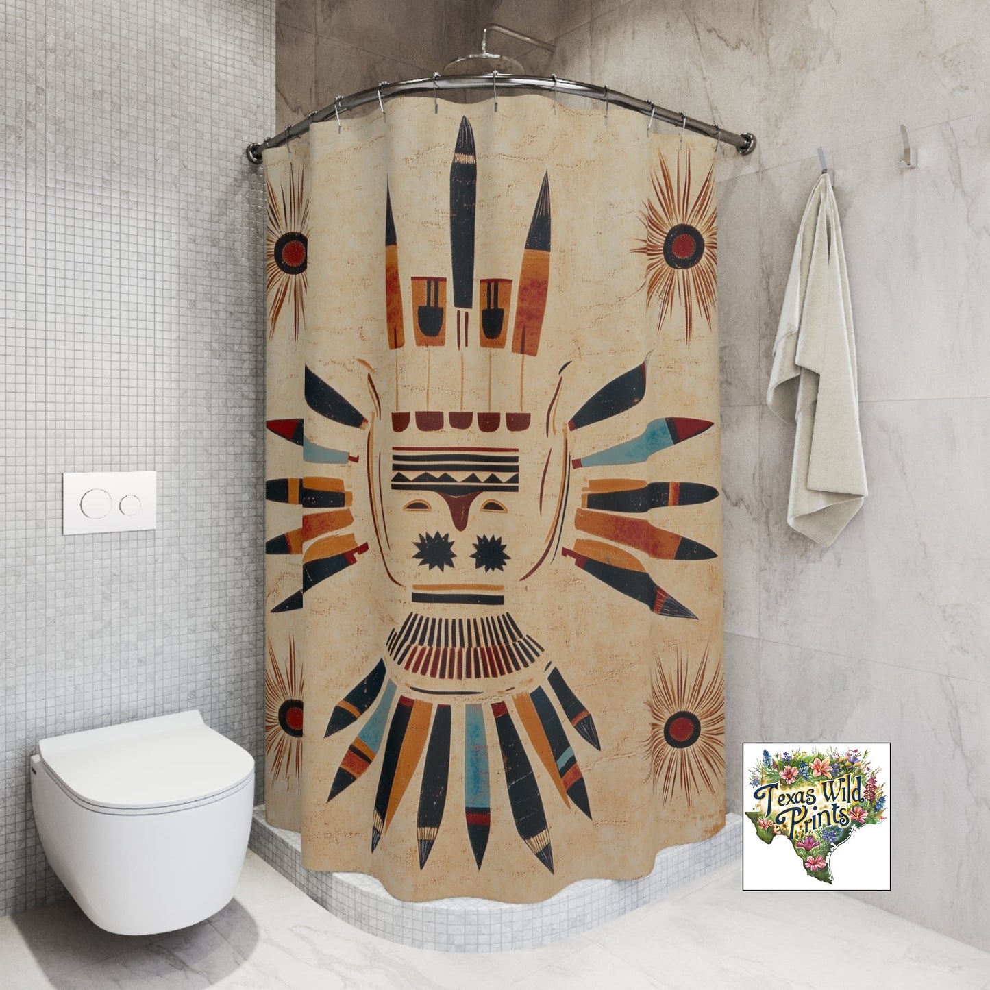 Southwestern Tribal Inspired Shower Curtain Ledger Paper Art 71x74 Inch Desert Home Decor Unique Artistic Gift Bathroom Decor
