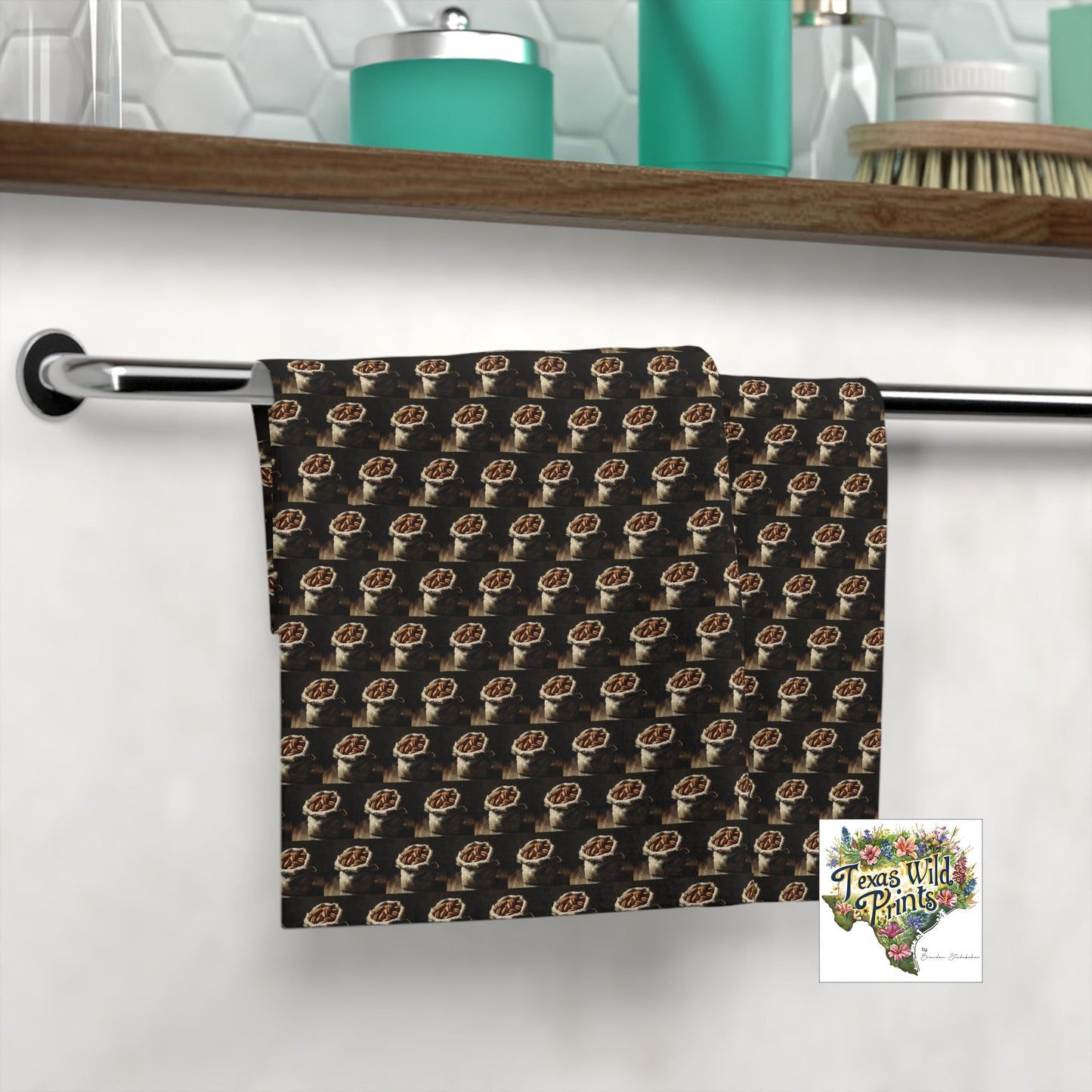 Detailed Pecan Pattern Face Towel Burlap Sack Design 13x13 Rustic Modern Kitchen Original Art Towel Pecan Lover Gift Contemporary Farmhouse Style Unique American Present