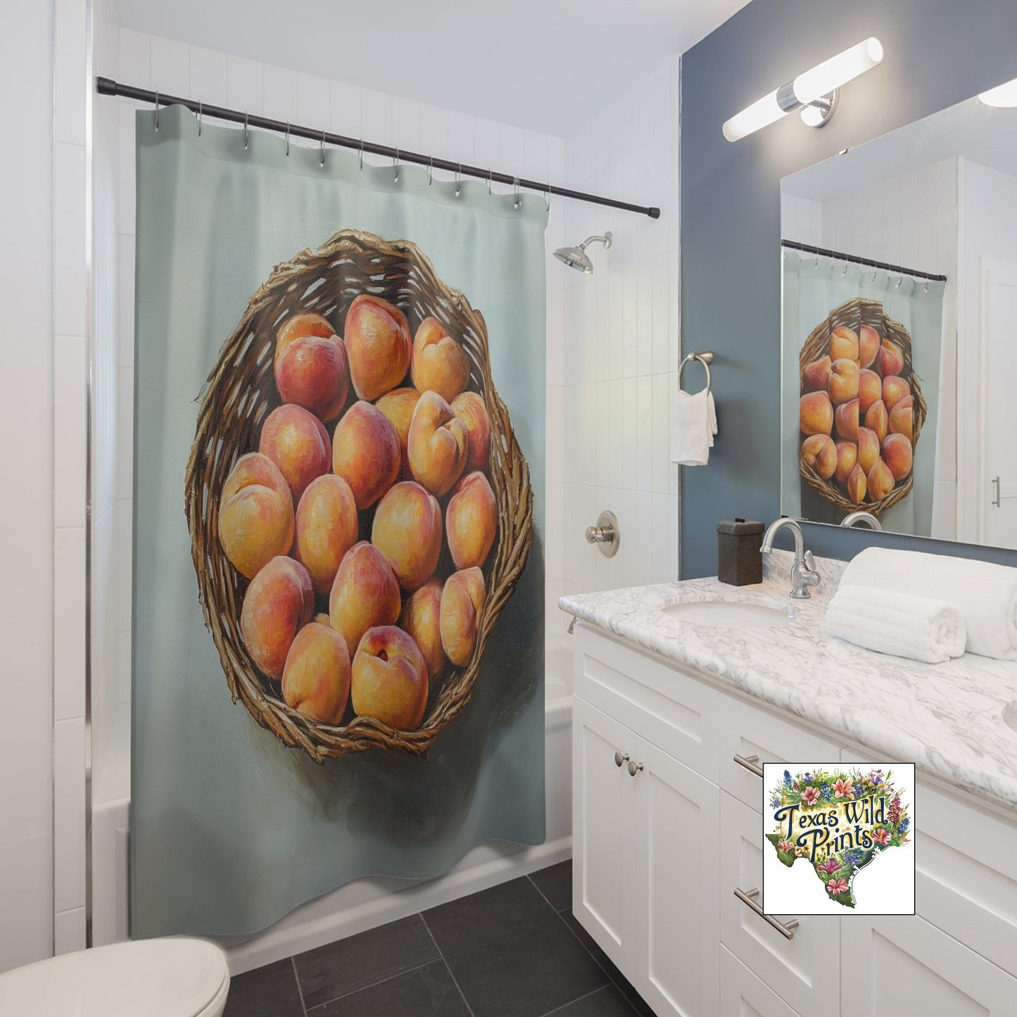 Farm Fresh Texas Peaches Interlaced Basket Print Shower Curtain Premium 71x74 Rustic Cottagecore Decor Welcoming Home Accent