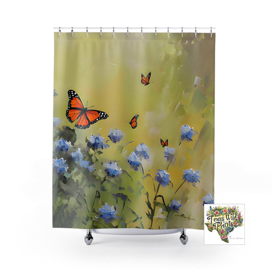 Monarch Butterfly Blue Mistflower Shower Curtain Floral Insect Decor 71x74 Inch French Country Farmhouse Whimsical Bathroom Art