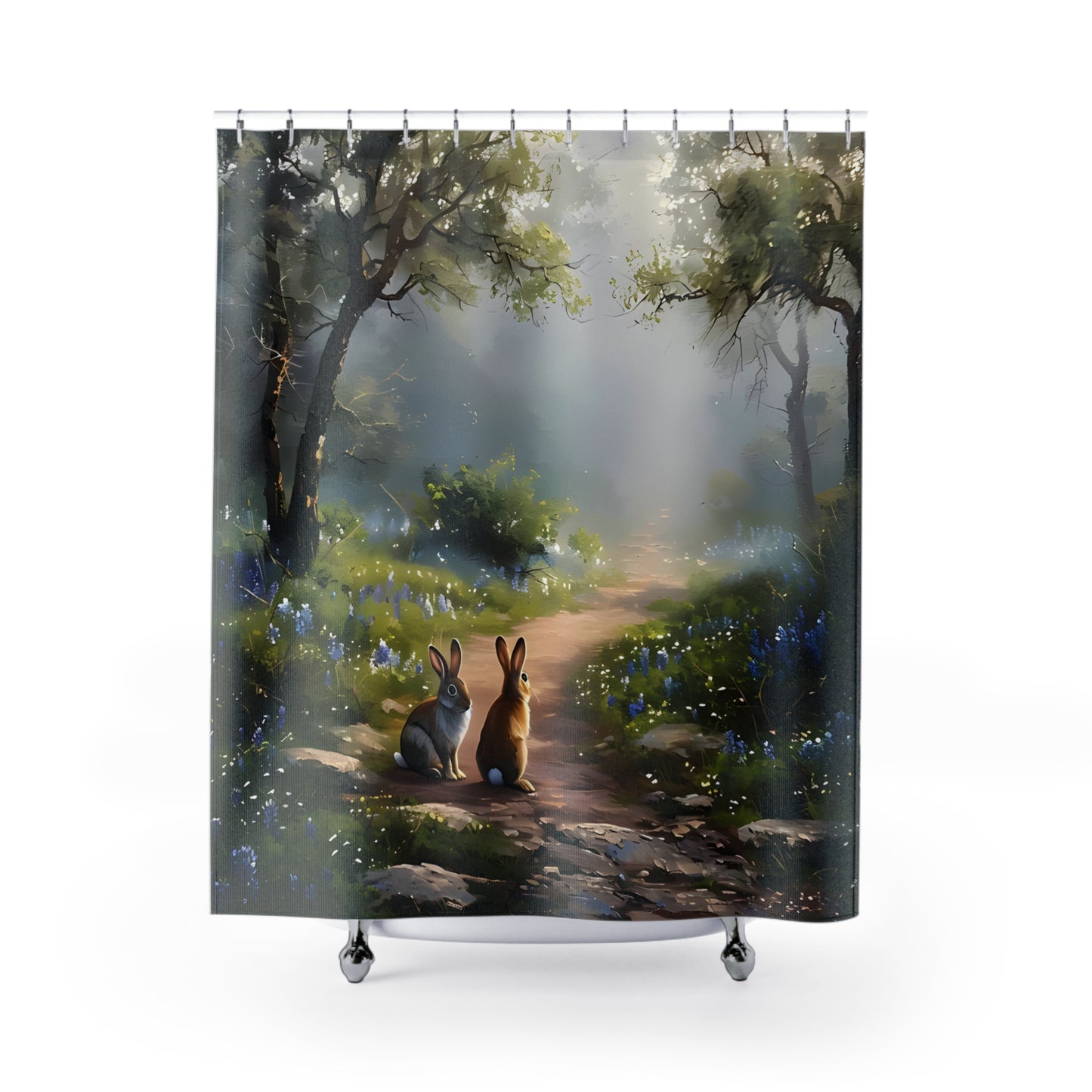 Cortina de ducha con diseño de conejo de Pascua en el bosque | 71 x 74" | Decoración de primavera y verano