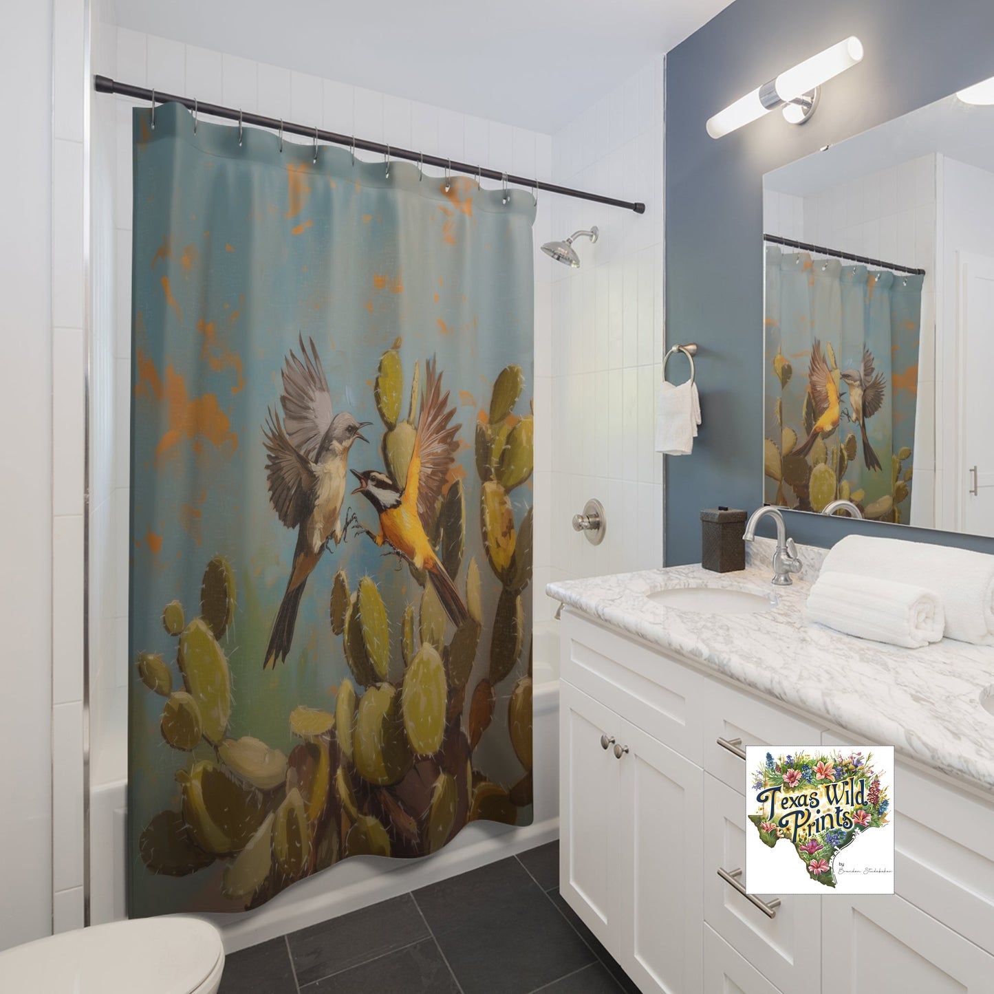 Unique Bird Fight Shower Curtain Original Mockingbird vs Kiskadee Art Long-Lasting Polyester Custom MTO 71x74 Nature Bathroom Decor