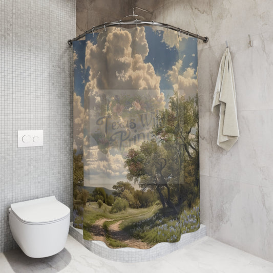 Bluebonnet Country Trails Floral Print Shower Curtain | | Texas Wildflowers | Premium | 71”x74” | Rustic, Country Home Decor