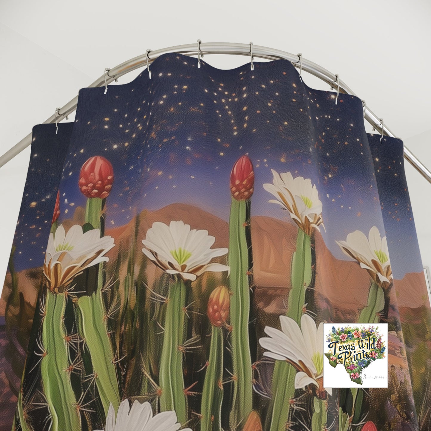 Starry Night Cactus Flower Shower Curtain Custom Made MTO 71x74 Polyester Bohemian Bath Decor Southwestern Bathroom Art