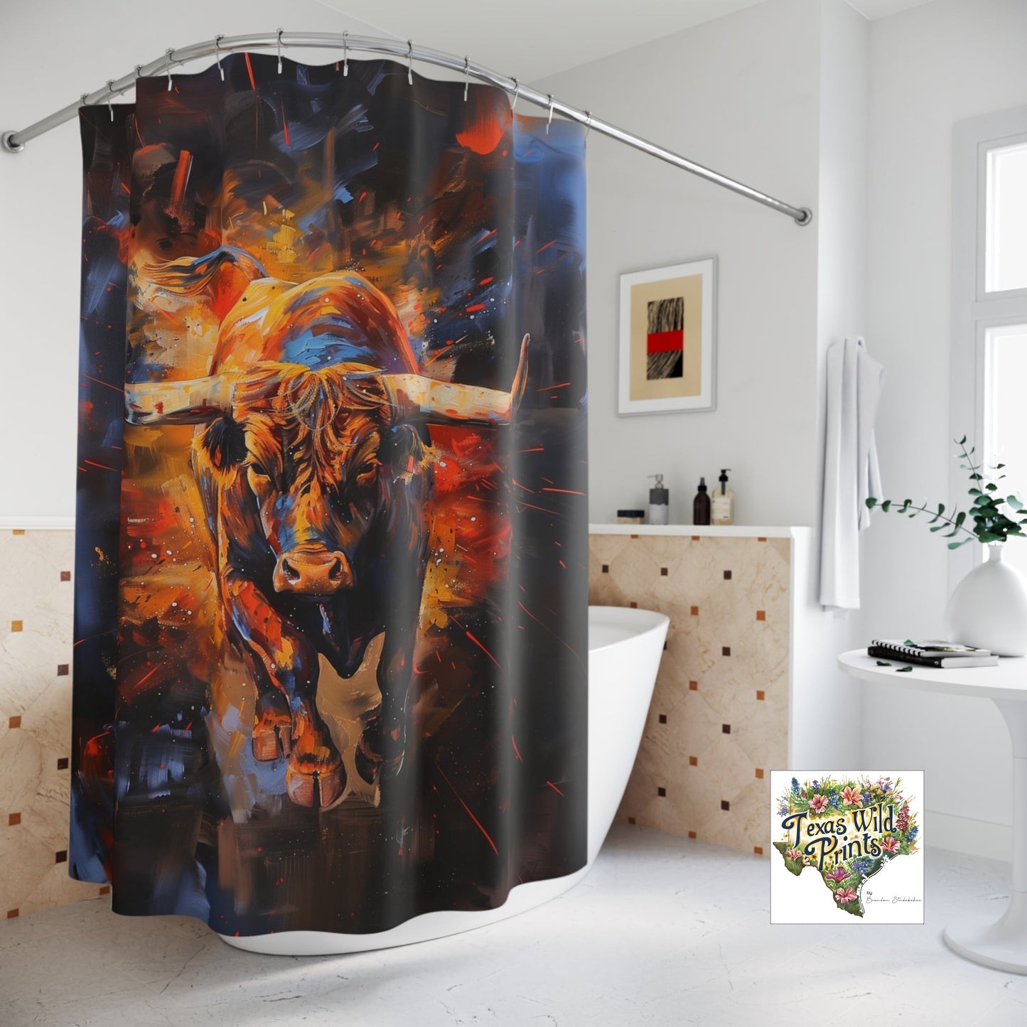 Vibrant Fire Bull Shower Curtain Charging Texas Longhorn Illustration 71x74 Inch Modern Ranch Western Interior Memorable Unique Gift Rustic Southwest Decor