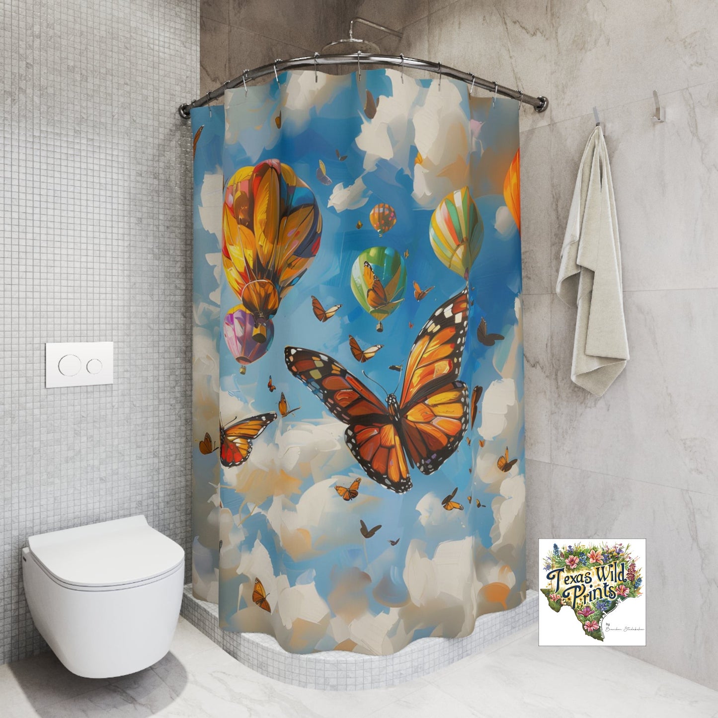 Hot Air Balloon Butterfly Shower Curtain Playful Sky Design 71x74 Inch Whimsical Home Decor Boho Chic Bath Unique Artistic Gift