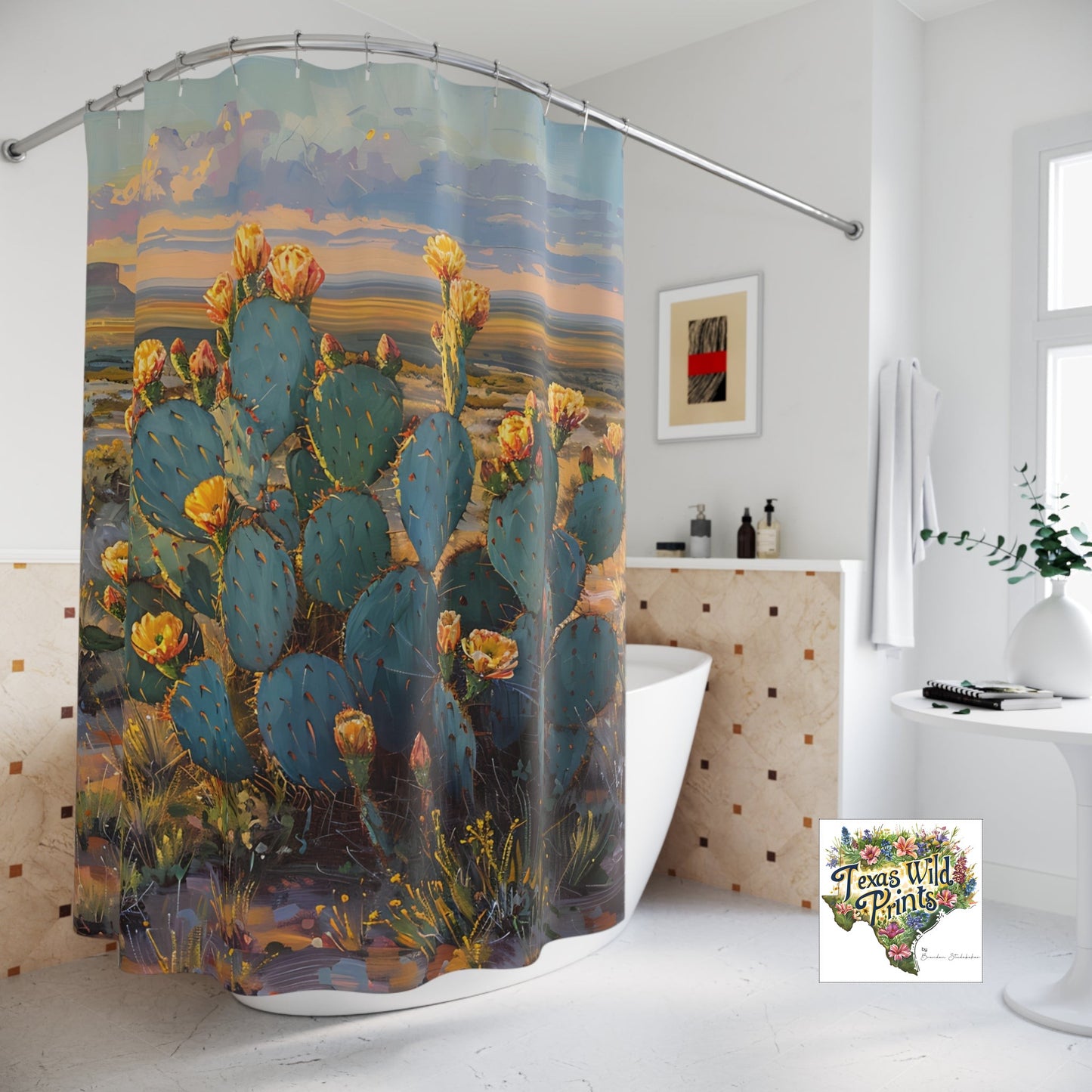 Prickly Pear Cactus Shower Curtain Yellow Floral Desert Art 71x74 Inch Arid Cactus Landscape Texas Flower Decor Southwestern Home Style