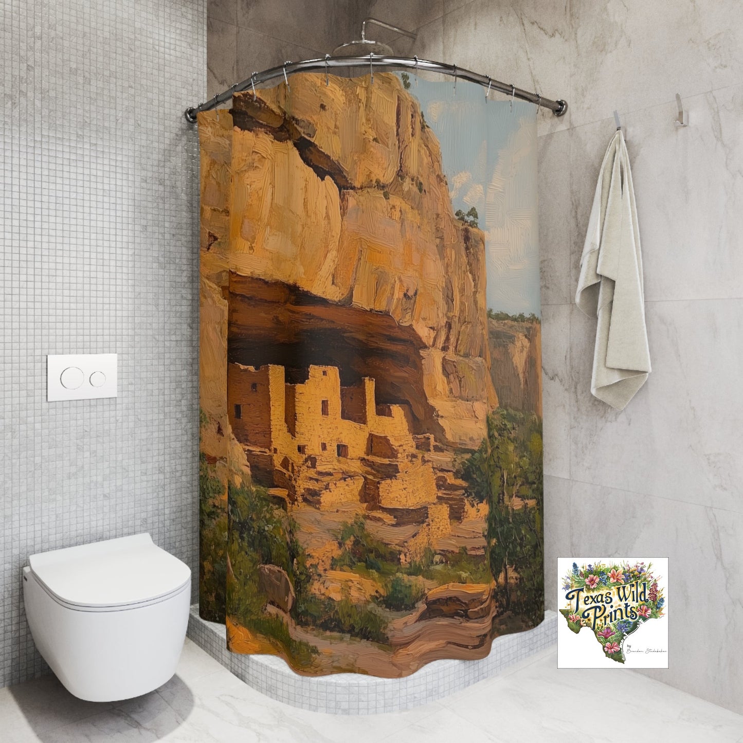 Indian Inspired Custom Southwestern Shower Curtain Ancient Cliff Dwelling Art MTO 71x74 Fabric Rustic Bathroom Decor Long Lasting Design