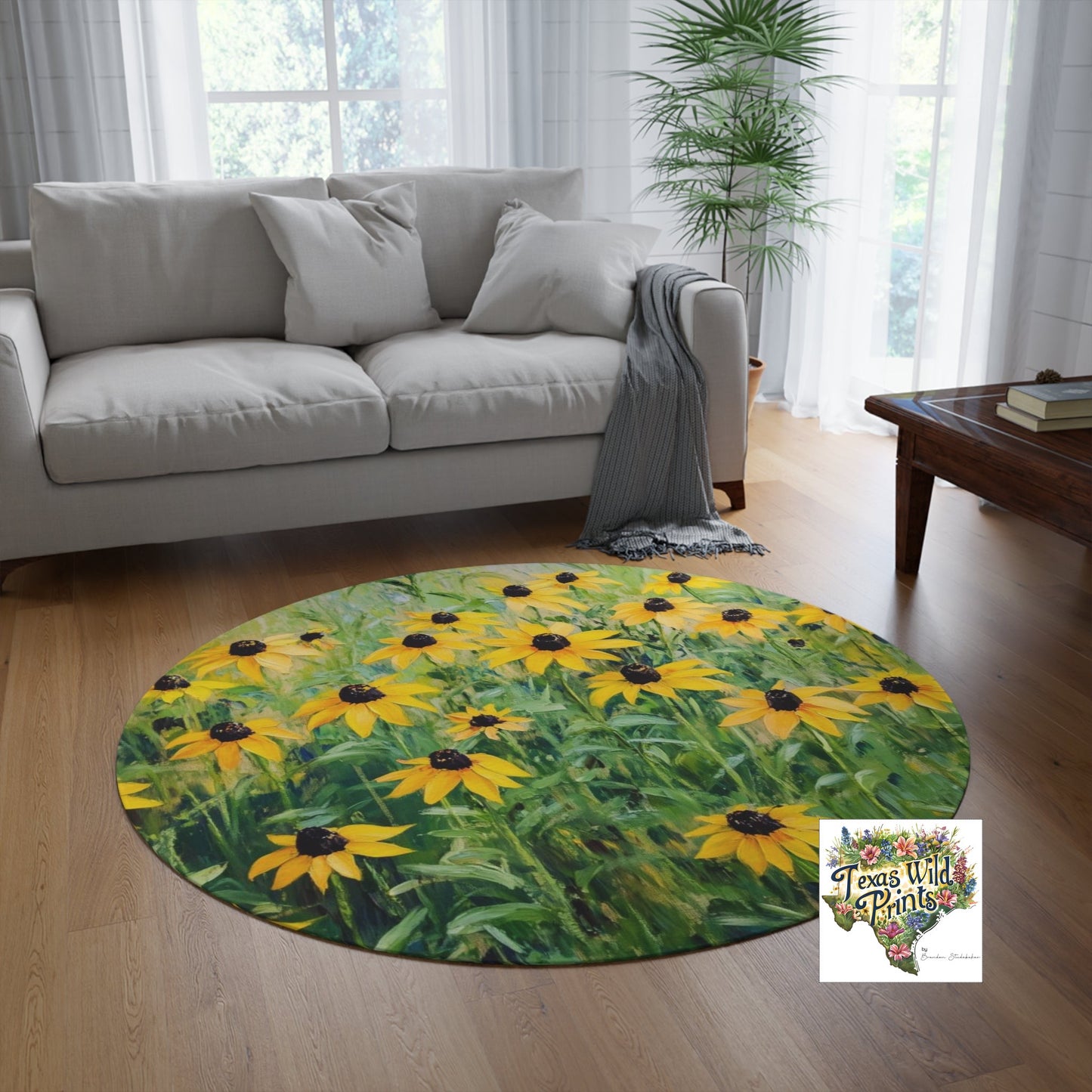 Soft Chenille Wildflower Area Rug Yellow Black Eyed Susan Print 60 Inch 5 Foot Round Small Carpet Texas Landscape Decor