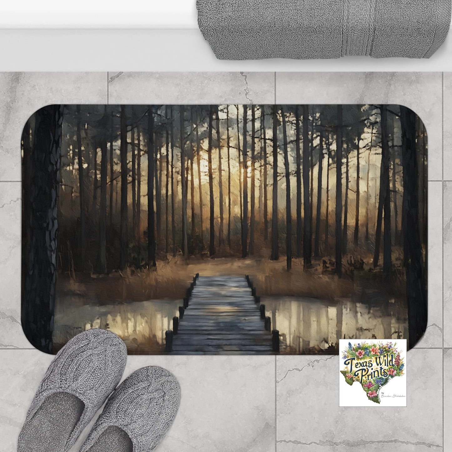 Calm Pond Pinewood Forest Landscape Scene Print Bath Mat Premium Rustic American Interior Design 24x17 34x21