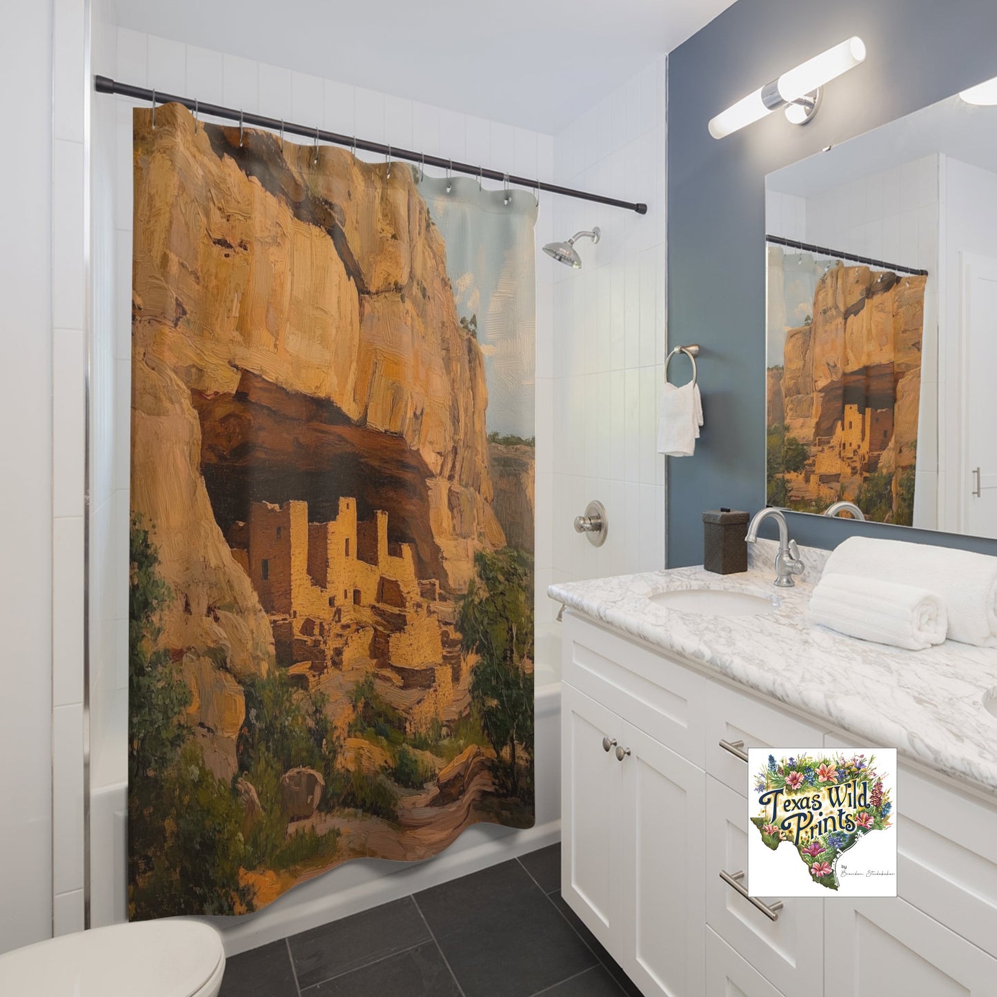 Indian Inspired Custom Southwestern Shower Curtain Ancient Cliff Dwelling Art MTO 71x74 Fabric Rustic Bathroom Decor Long Lasting Design