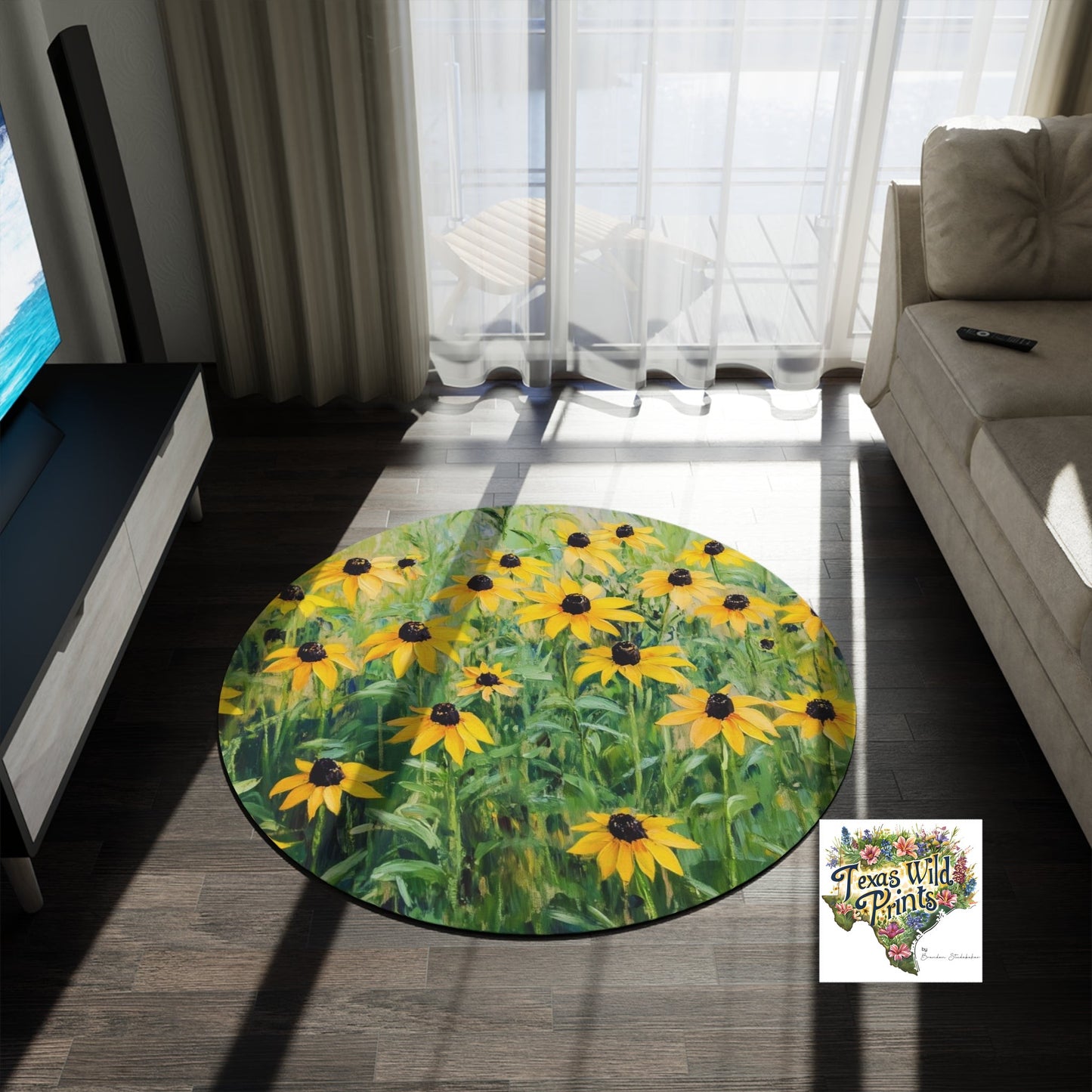 Soft Chenille Wildflower Area Rug Yellow Black Eyed Susan Print 60 Inch 5 Foot Round Small Carpet Texas Landscape Decor