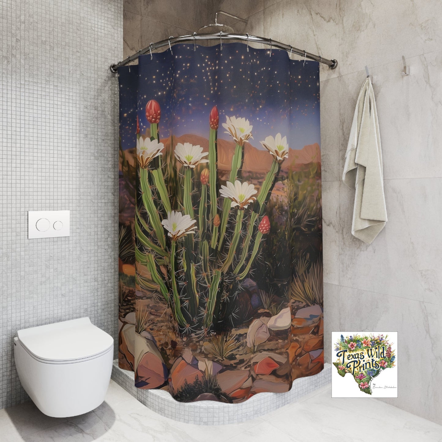Starry Night Cactus Flower Shower Curtain Custom Made MTO 71x74 Polyester Bohemian Bath Decor Southwestern Bathroom Art