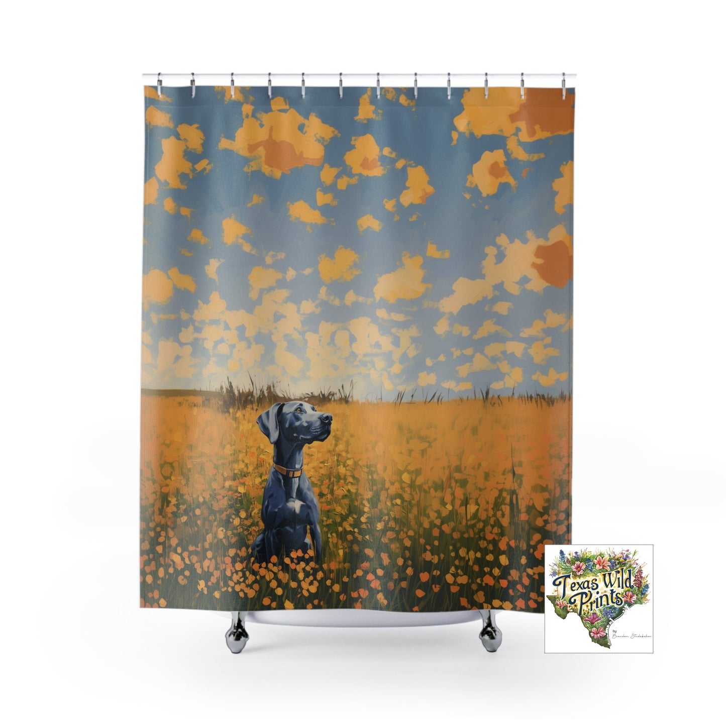 Cheerful Dog in Field Shower Curtain Custom Made MTO 71x74 Polyester Whimsical Bathroom Art Sunny Wildflower Landscape Bathroom Decor