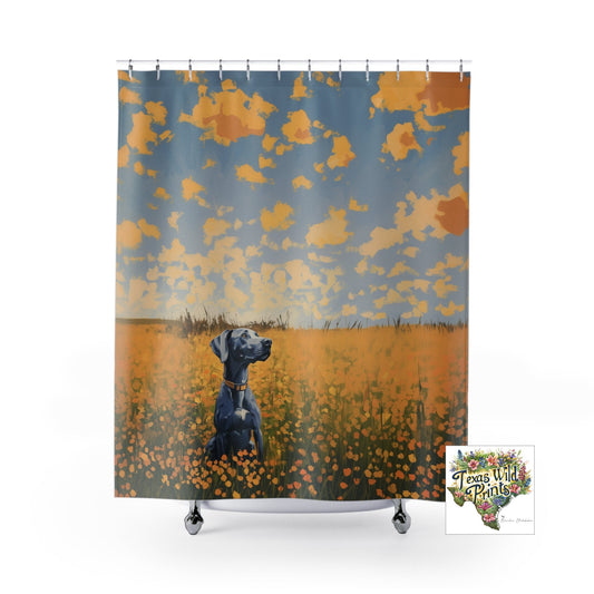 Cheerful Dog in Field Shower Curtain Custom Made MTO 71x74 Polyester Whimsical Bathroom Art Sunny Wildflower Landscape Bathroom Decor