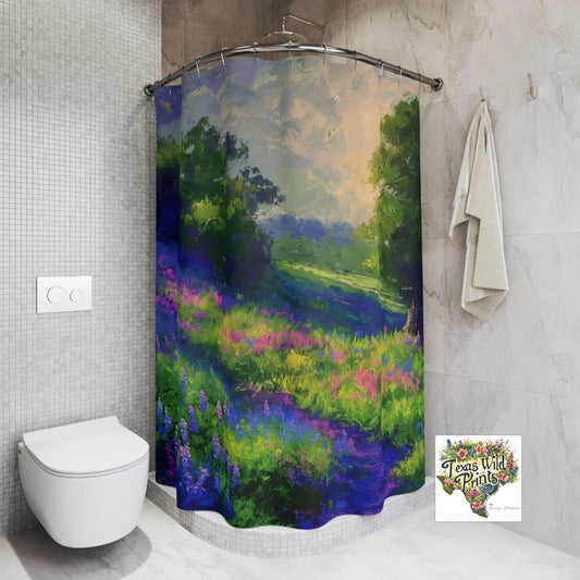 Evening Blues Bluebonnets Shower Curtain Floral Impressionist Art 71x74 Inch Modern Bath Decor Landscape Scene Luxury Gifts Texas Wildflowers