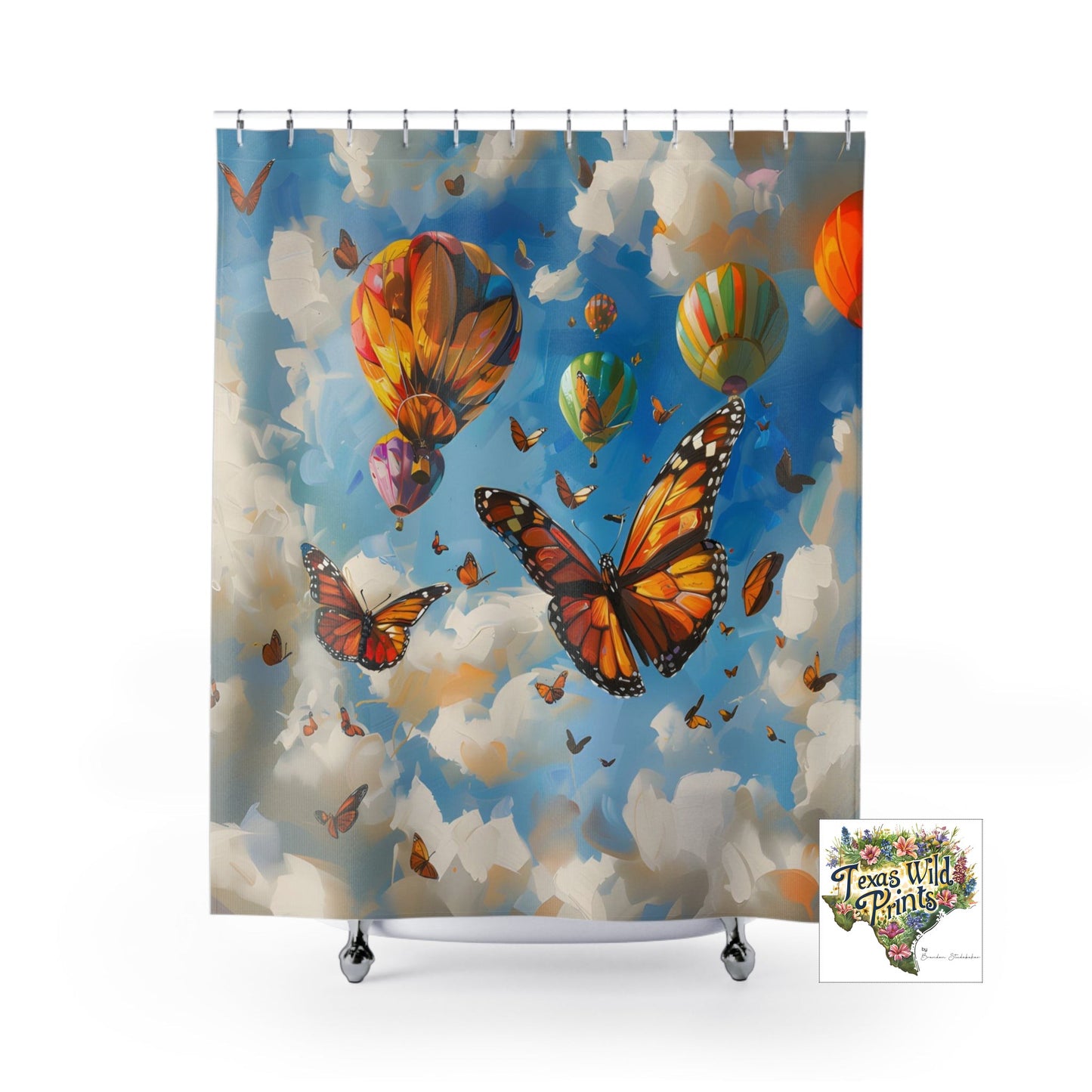 Hot Air Balloon Butterfly Shower Curtain Playful Sky Design 71x74 Inch Whimsical Home Decor Boho Chic Bath Unique Artistic Gift