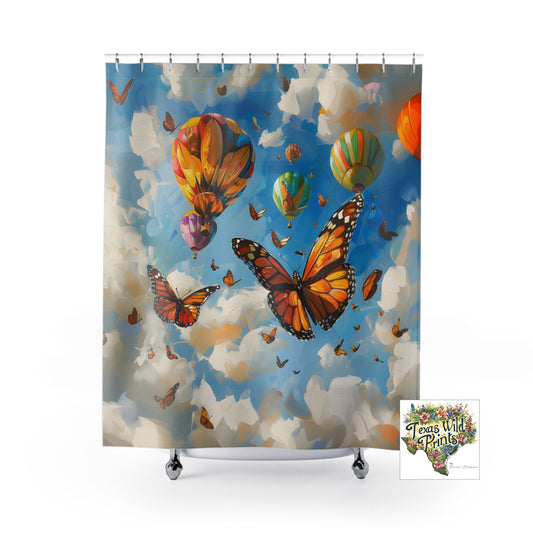 Hot Air Balloon Butterfly Shower Curtain Playful Sky Design 71x74 Inch Whimsical Home Decor Boho Chic Bath Unique Artistic Gift