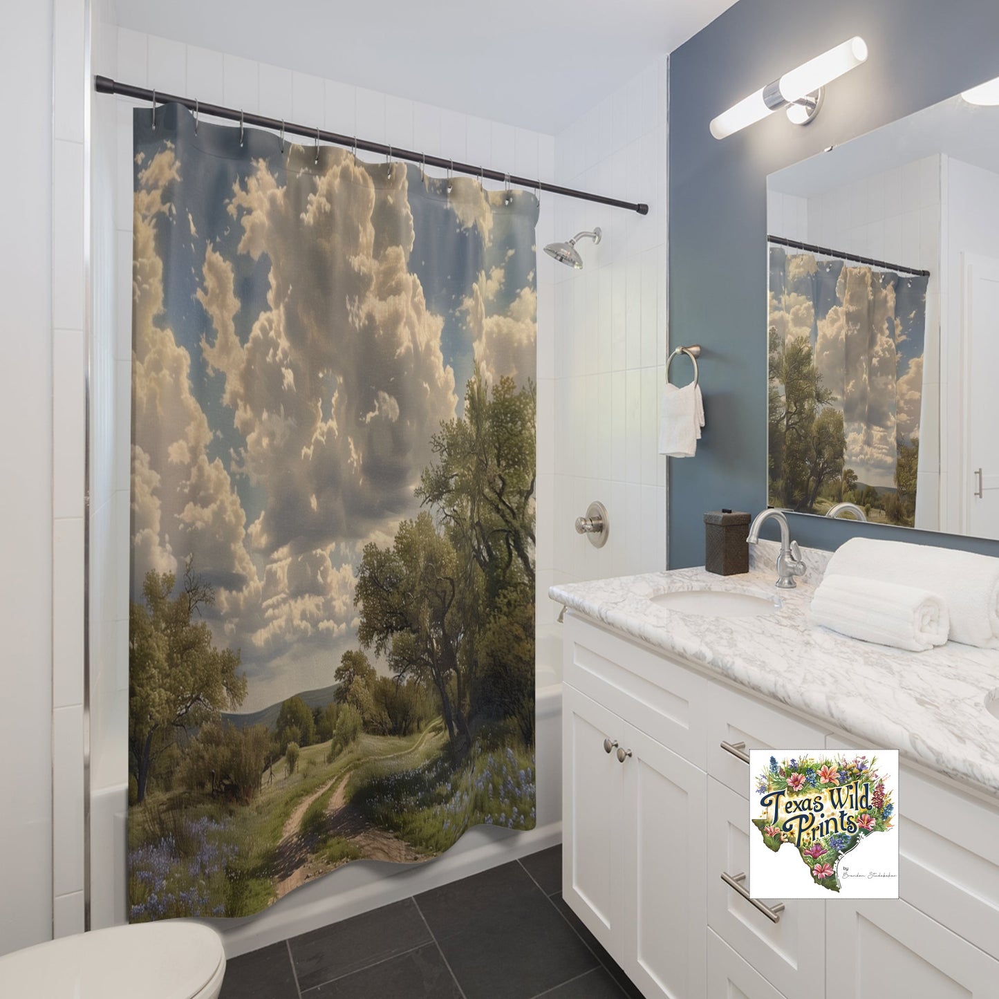 Texas Bluebonnet Landscape Shower Curtain Country Trail Art 71x74 Fabric Rustic Home Decor Floral Road Scene Beautiful Landscape Art Impressionist Style TX Wildflower Spring Bath Art