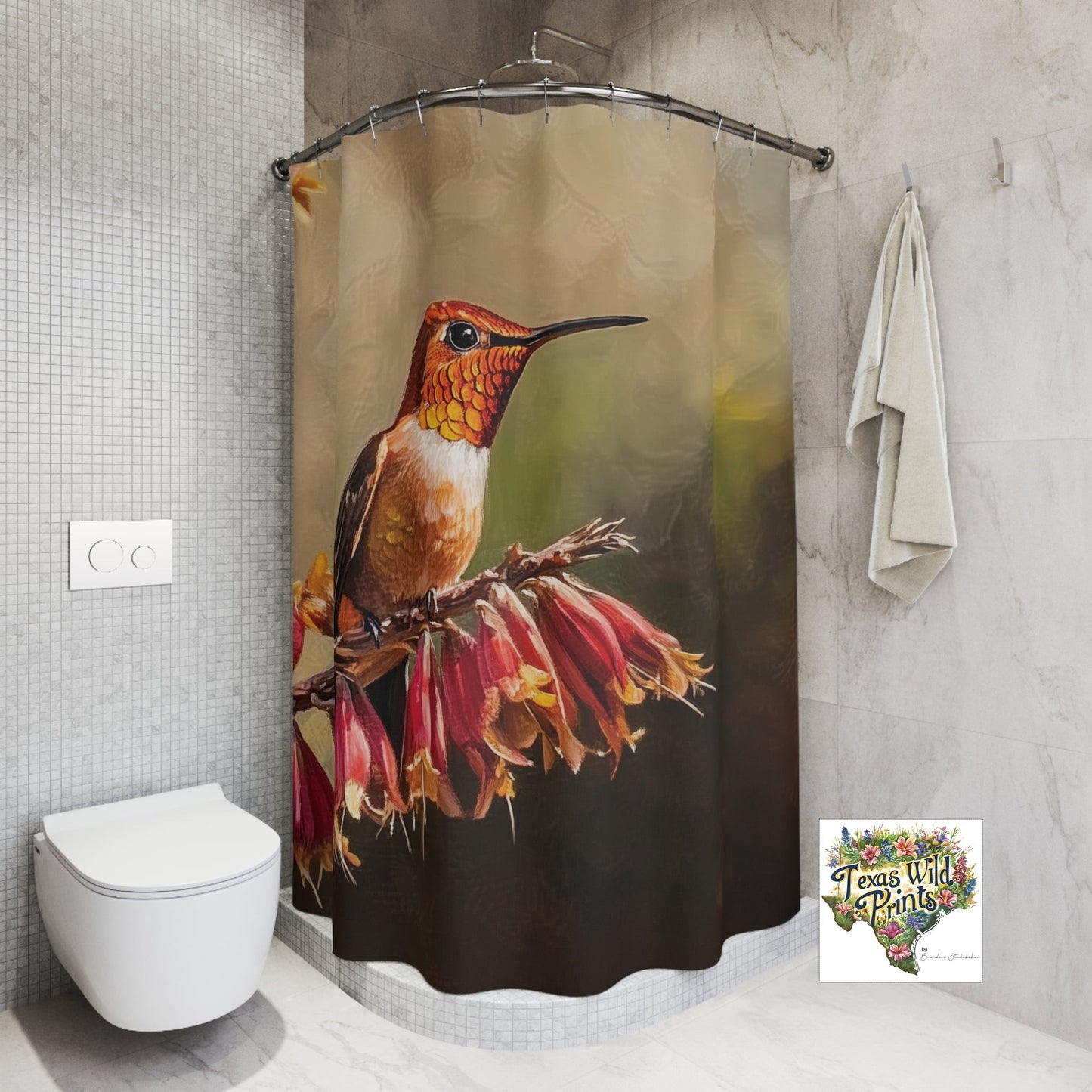 Hummingbird Red Yucca Shower Curtain Texas Native Floral Bird Print 71x74 Inch Fabric Nature Inspired Bath Popular Gifts for Women Unique Home Decor