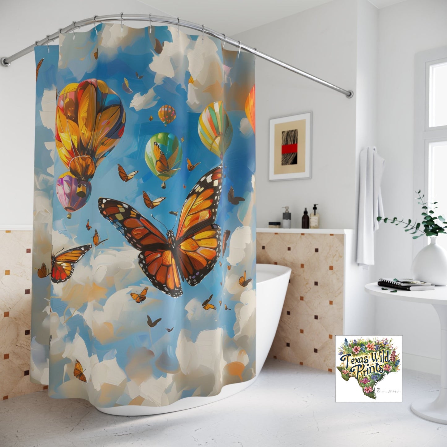 Hot Air Balloon Butterfly Shower Curtain Playful Sky Design 71x74 Inch Whimsical Home Decor Boho Chic Bath Unique Artistic Gift