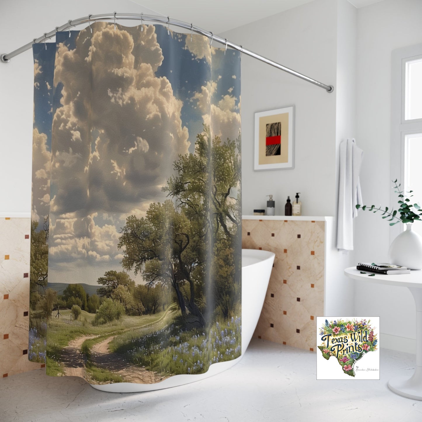 Texas Bluebonnet Landscape Shower Curtain Country Trail Art 71x74 Fabric Rustic Home Decor Floral Road Scene Beautiful Landscape Art Impressionist Style TX Wildflower Spring Bath Art