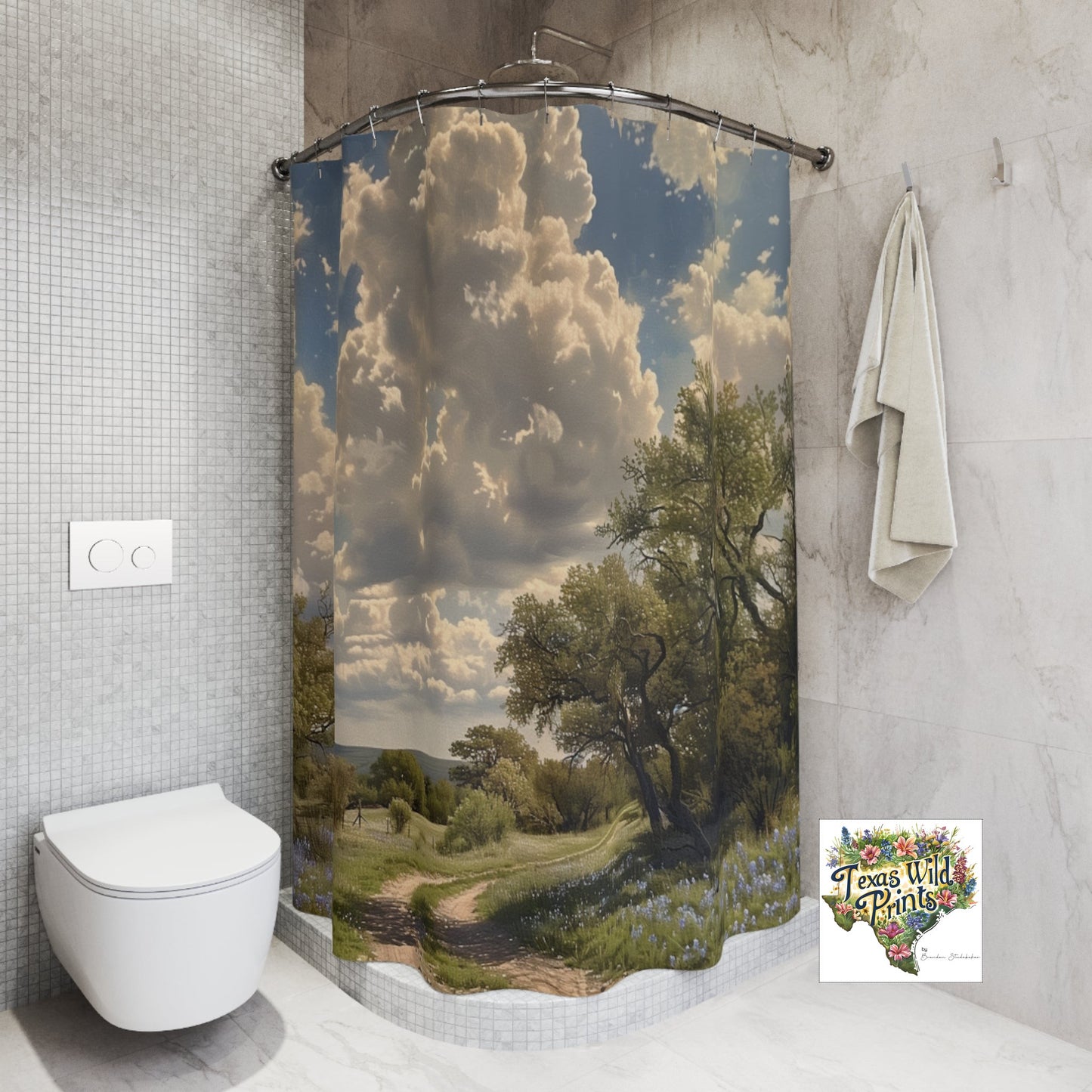 Texas Bluebonnet Landscape Shower Curtain Country Trail Art 71x74 Fabric Rustic Home Decor Floral Road Scene Beautiful Landscape Art Impressionist Style TX Wildflower Spring Bath Art