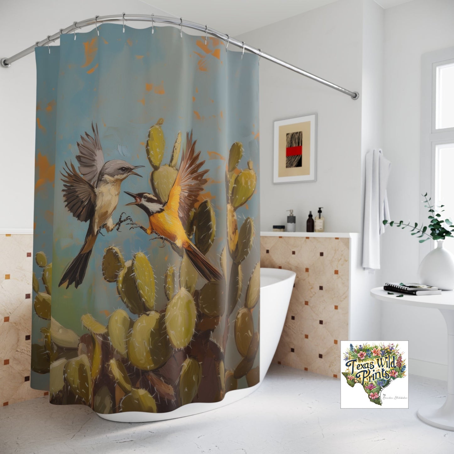 Unique Bird Fight Shower Curtain Original Mockingbird vs Kiskadee Art Long-Lasting Polyester Custom MTO 71x74 Nature Bathroom Decor
