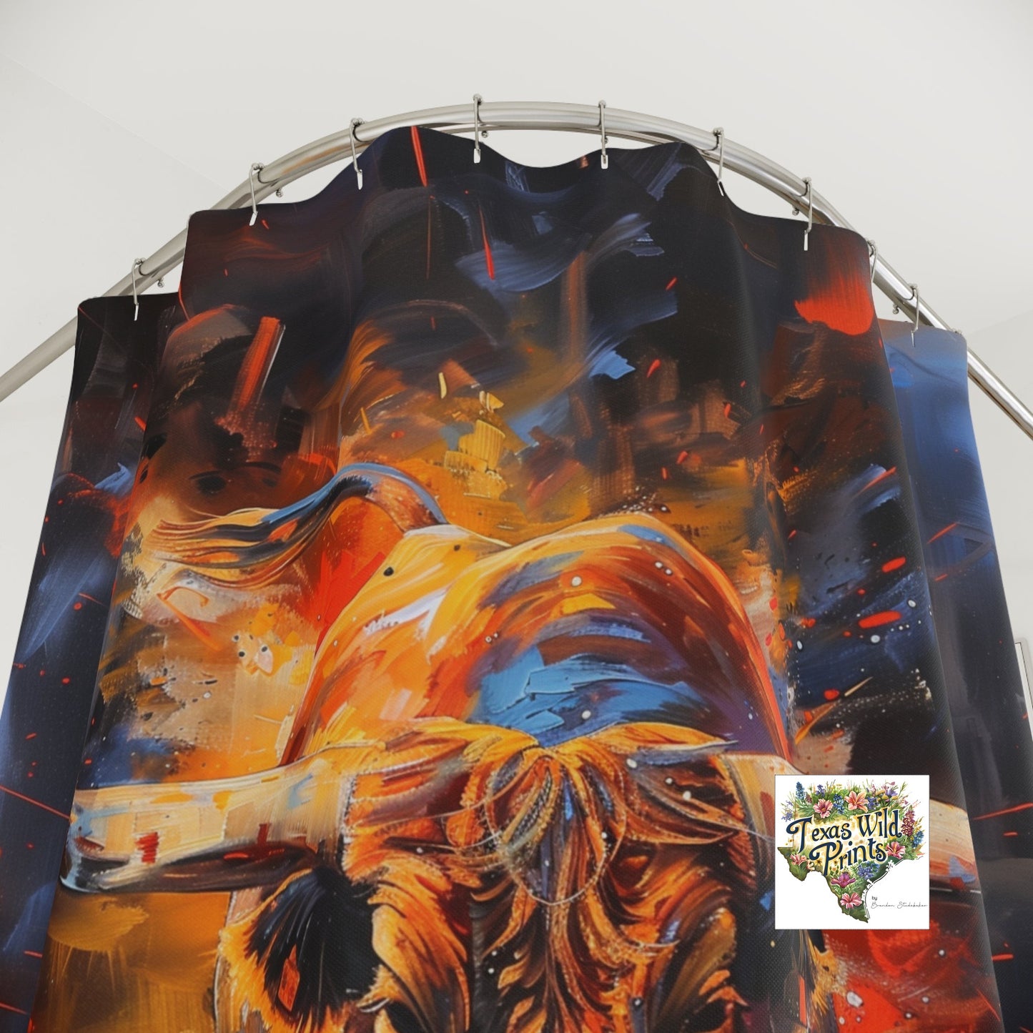 Vibrant Fire Bull Shower Curtain Charging Texas Longhorn Illustration 71x74 Inch Modern Ranch Western Interior Memorable Unique Gift Rustic Southwest Decor