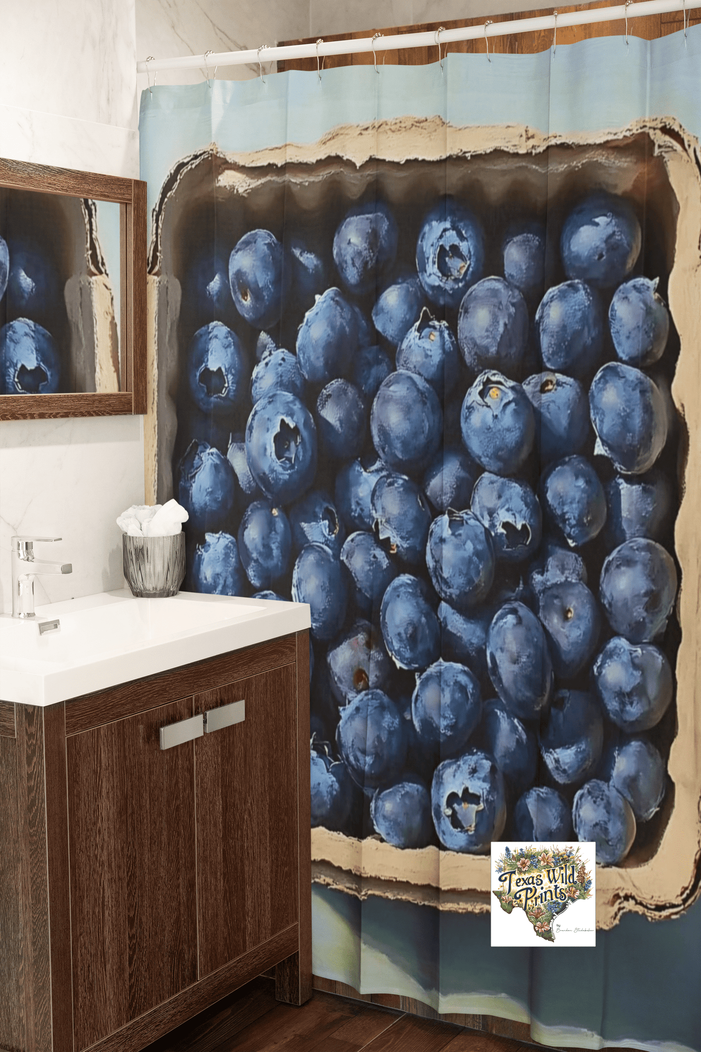 Cortina de ducha con estampado de frutas de arándanos | Inspirada en la naturaleza | Decoración de baño | 74” x 71”