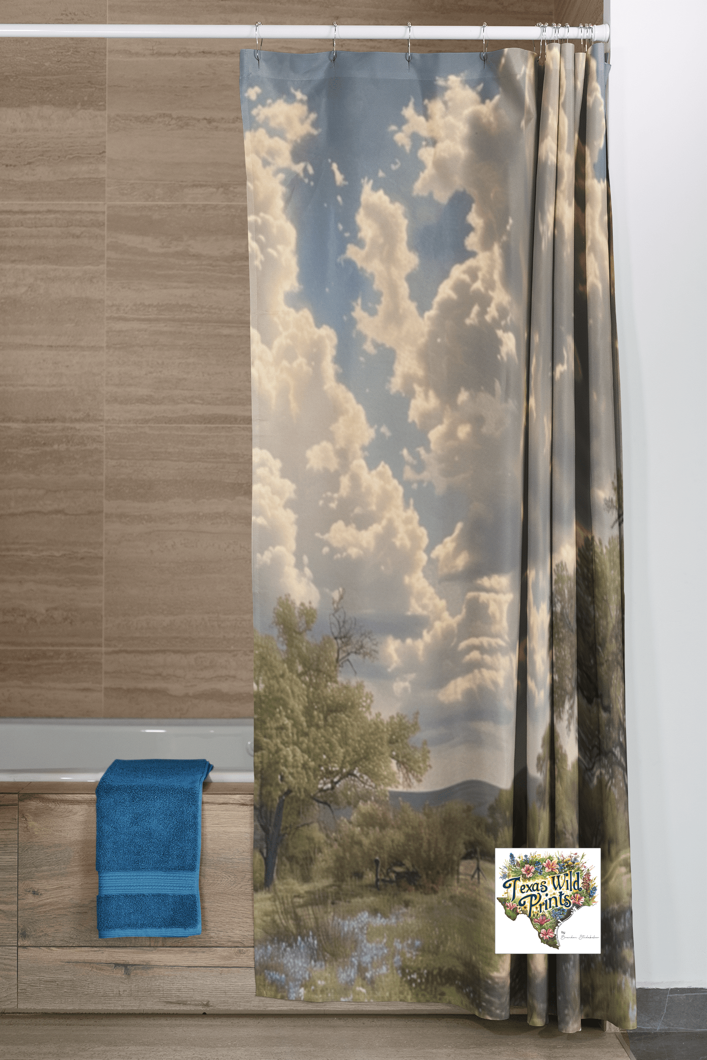 Texas Bluebonnet Landscape Shower Curtain Country Trail Art 71x74 Fabric Rustic Home Decor Floral Road Scene Beautiful Landscape Art Impressionist Style TX Wildflower Spring Bath Art