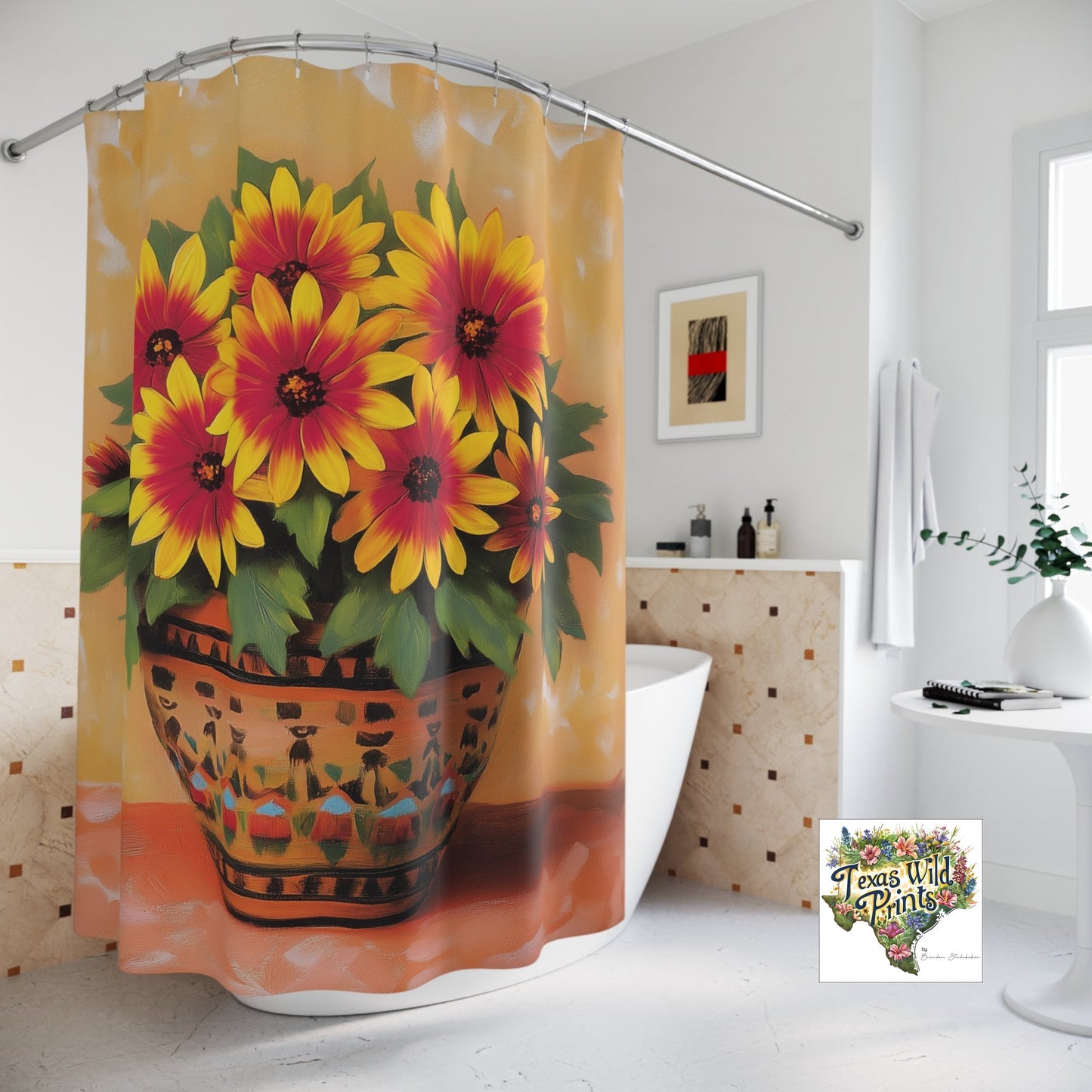 Indian Blanket Wildflower Shower Curtain Southwestern Floral Art 71x74 Inch Rustic Bath Decor Terracotta Pot Print Unique Mother's Day Gift Texas Wildflowers