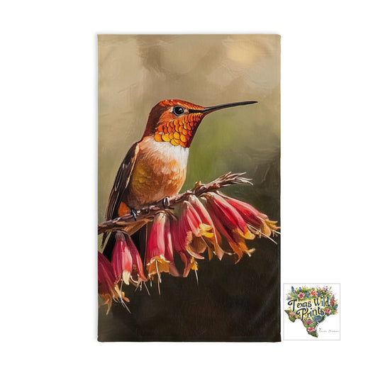 Vibrant Rufous Hummingbird Red Yucca Hand Towel Floral Animal Print Guest Towel Unique Cottagecore Shabby Chic Decor 16x28 Inch Texas Native Art