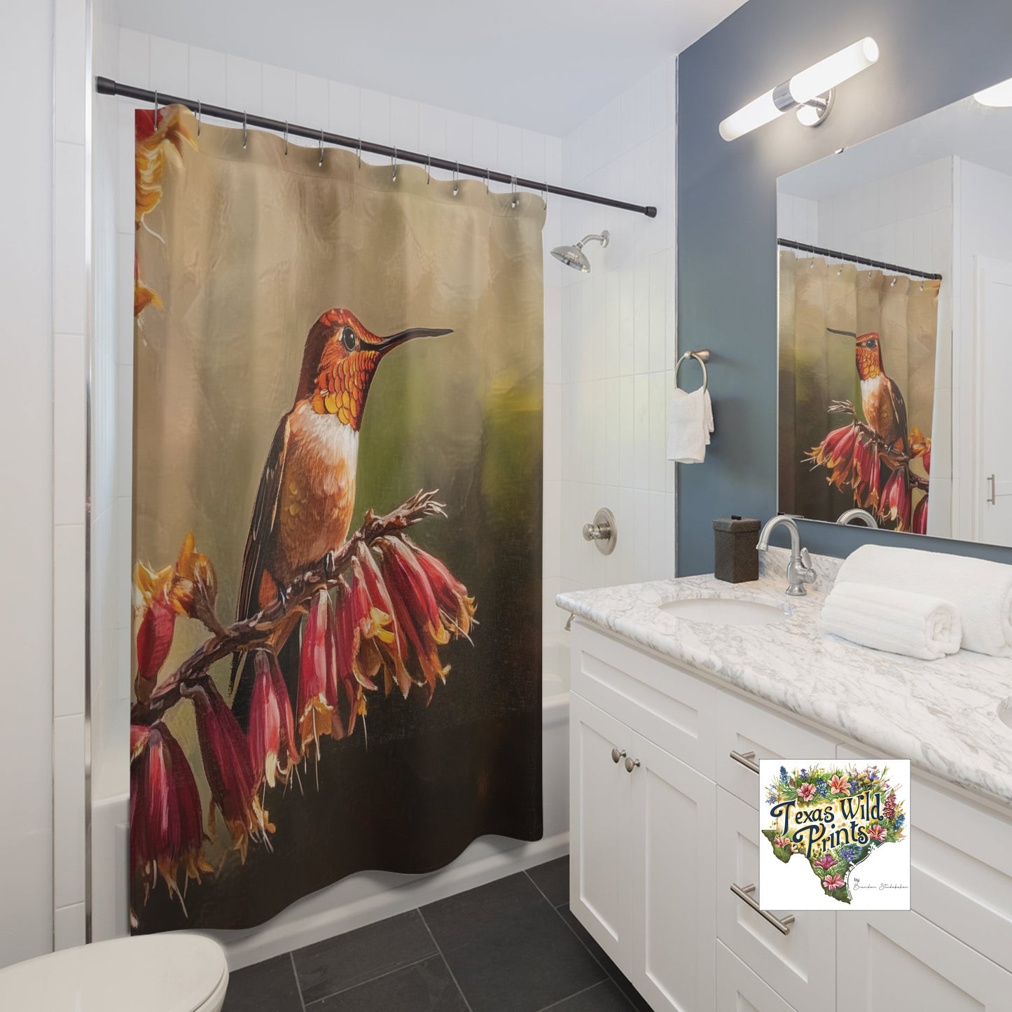 Hummingbird Red Yucca Shower Curtain Texas Native Floral Bird Print 71x74 Inch Fabric Nature Inspired Bath Popular Gifts for Women Unique Home Decor