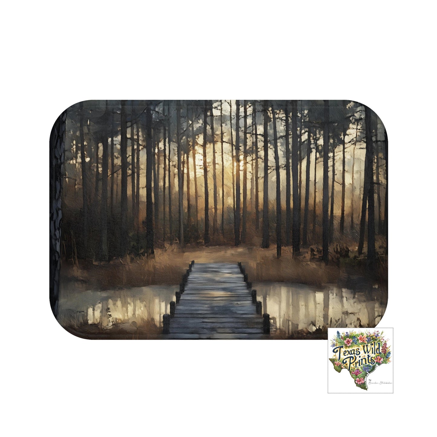 Calm Pond Pinewood Forest Landscape Scene Print Bath Mat Premium Rustic American Interior Design 24x17 34x21